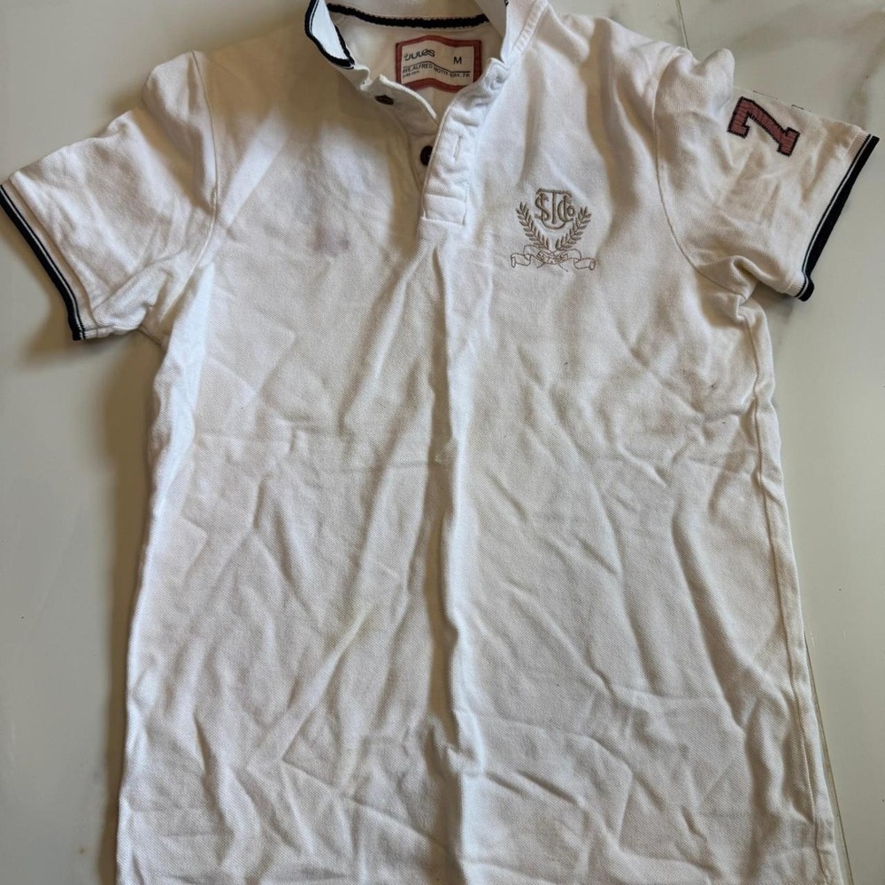 Jules Mens White Rough Denim 1987 Graphic Polo Shirt Crest Patch Size M